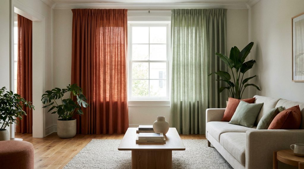 Salon moderne avec des rideaux bicolores terracotta et vert sauge, un canapé beige et des plantes d'intérieur.
