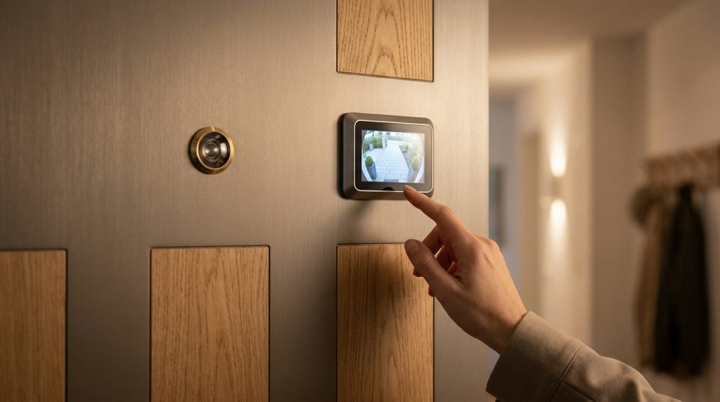 Une main touche l'écran d'un œilleton numérique moderne installé sur une porte d'entrée en métal et bois.