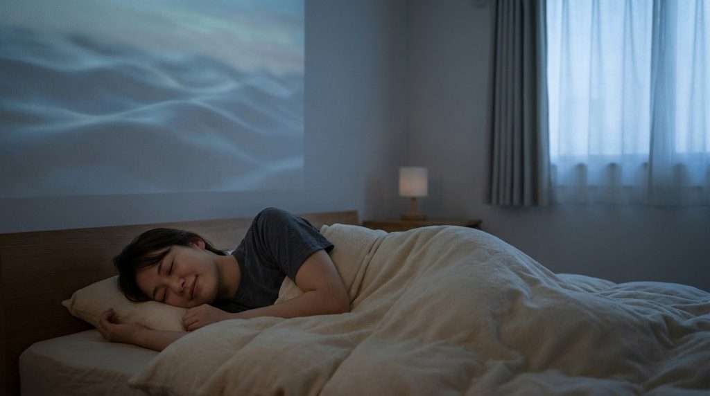 Une femme dort paisiblement dans un lit sous une projection de nuages sur le mur, dans une chambre sombre.
