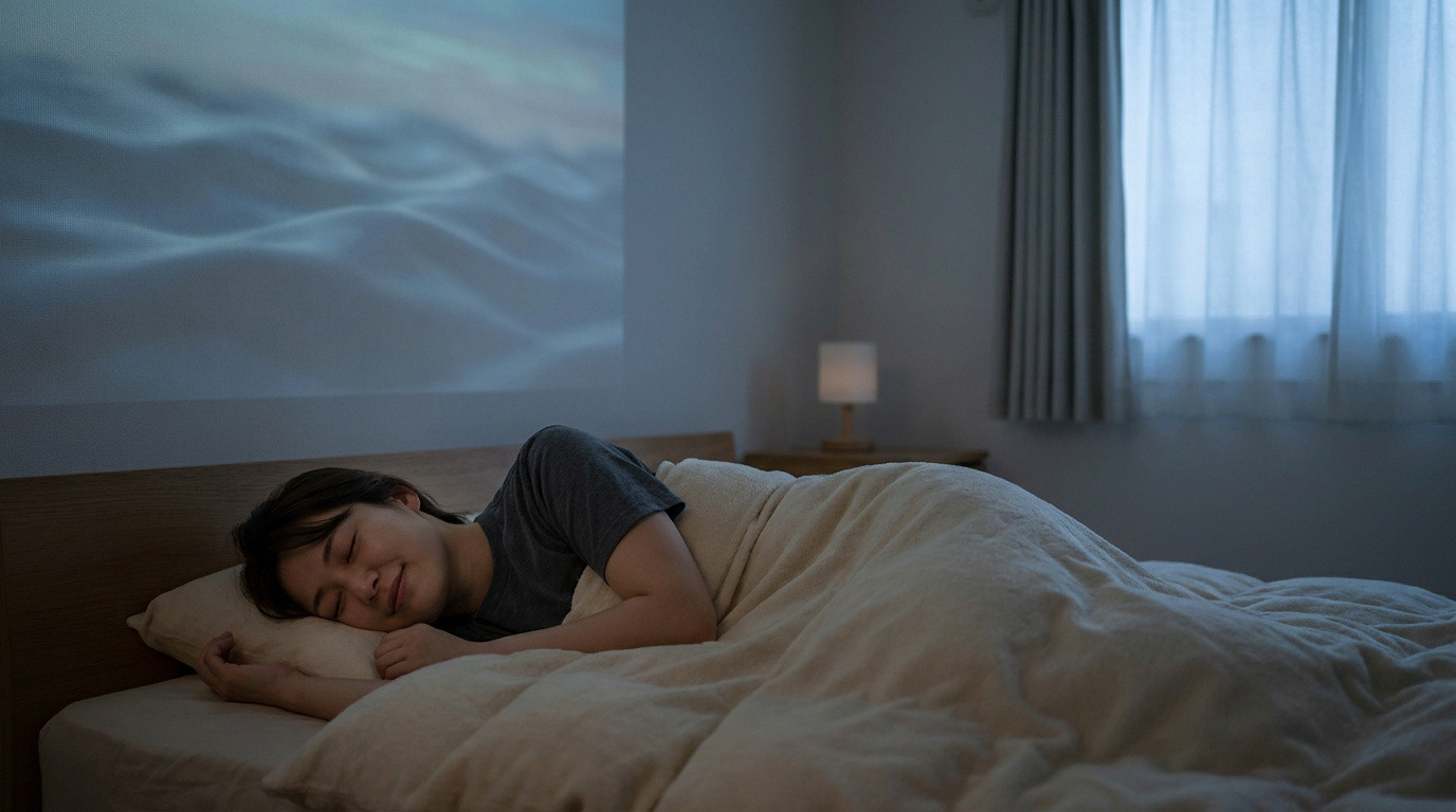Une femme dort paisiblement dans un lit sous une projection de nuages sur le mur, dans une chambre sombre.