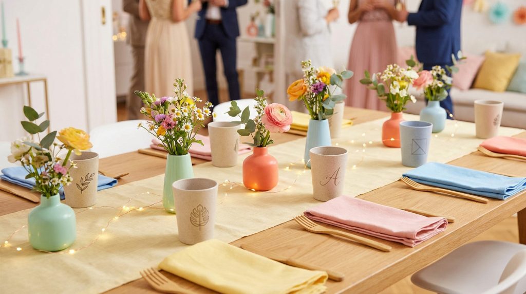 Table de fête décorée avec des ecocups personnalisés, des vases colorés et des bouquets de fleurs printanières.