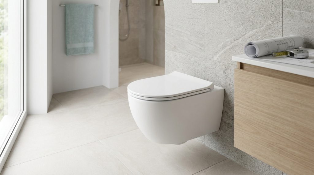 WC suspendu blanc moderne dans une salle de bain lumineuse avec des plans de rénovation posés sur le meuble.